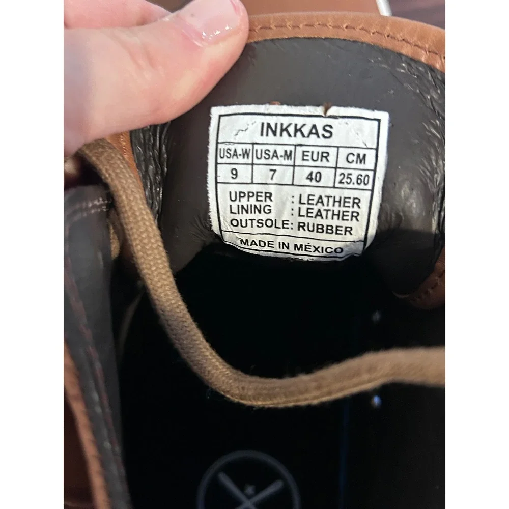 NWT Inkkas‎ Brown Leather High Top Sneakers Mens 7 Womens 9 Handmade Woven Heel